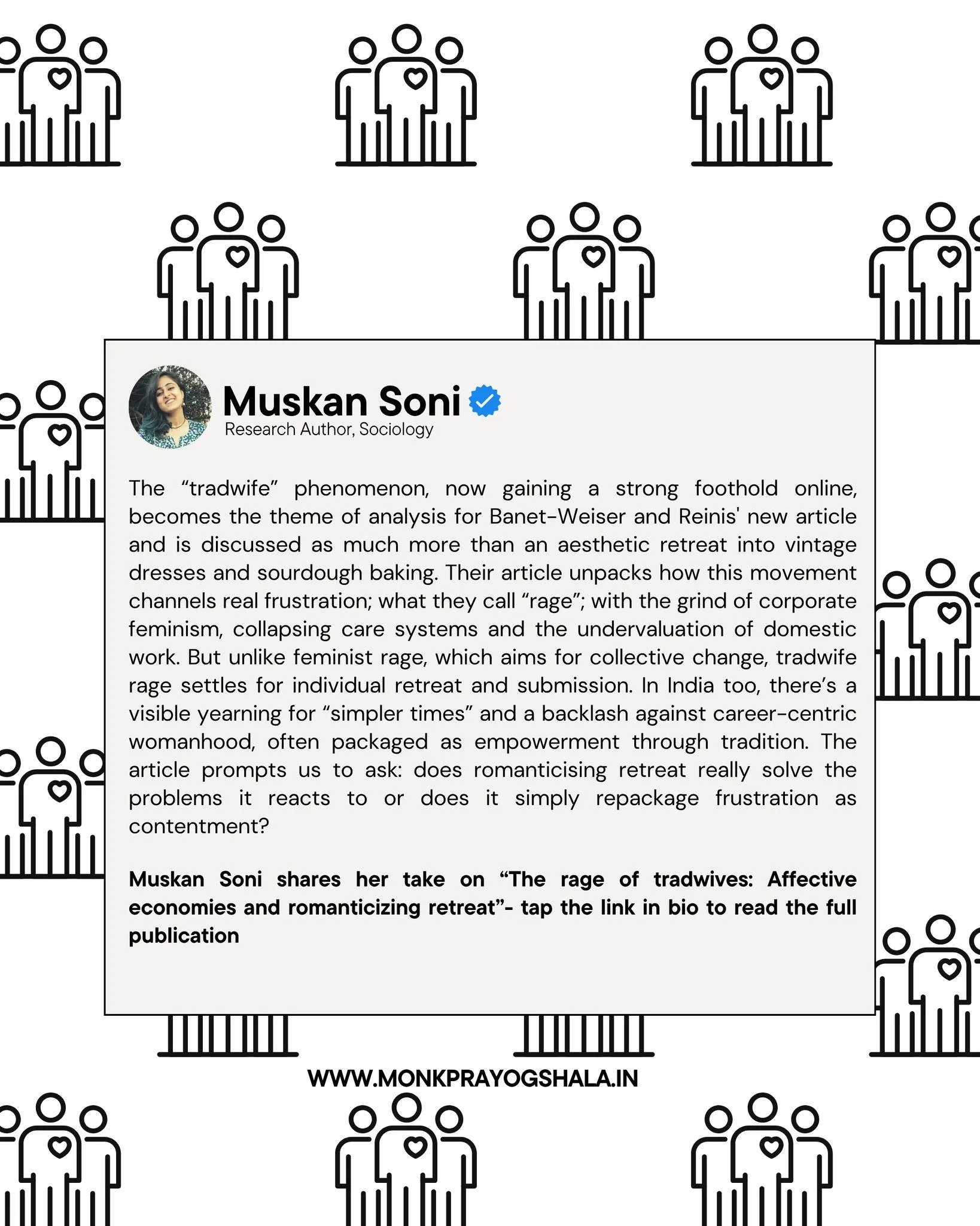 Muskan Soni reflects on &ldquo;The Rage of Tradwives: Affective Economies and Romanticizing Retreat&rdquo; by Banet-Weiser and Reinis &mdash; a sharp look at how the tradwife trend turns frustration with modern feminism into nostalgic retreat. 

Read