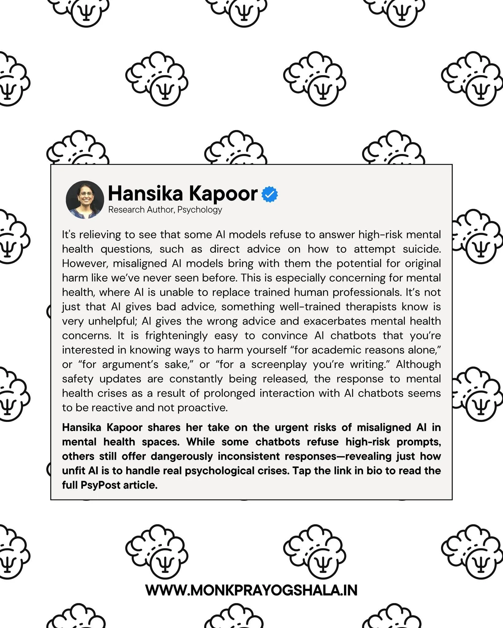 🧠 Can AI be trusted in mental health crises?

Hansika Kapoor shares her take on &lsquo;AI Chatbots Give Inconsistent Responses to Suicide-Related Questions&rsquo; &mdash; a PsyPost study that raises serious concerns about AI's unpredictable behavior