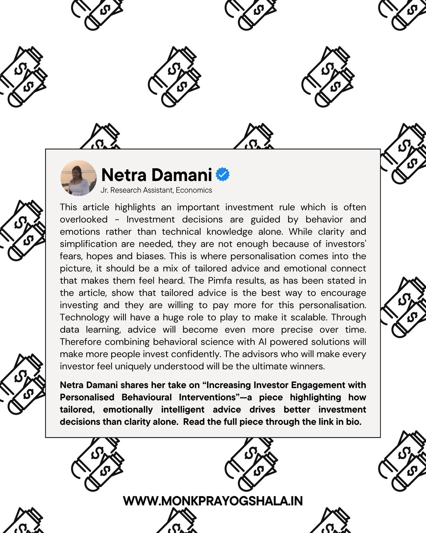🧠 Can tech and behavioural science together unlock better investing?
Netra Damani shares her take on &lsquo;Increasing Investor Engagement with Personalised Behavioural Interventions&rsquo; &mdash; an Oxford Risk article exploring how personalised, 