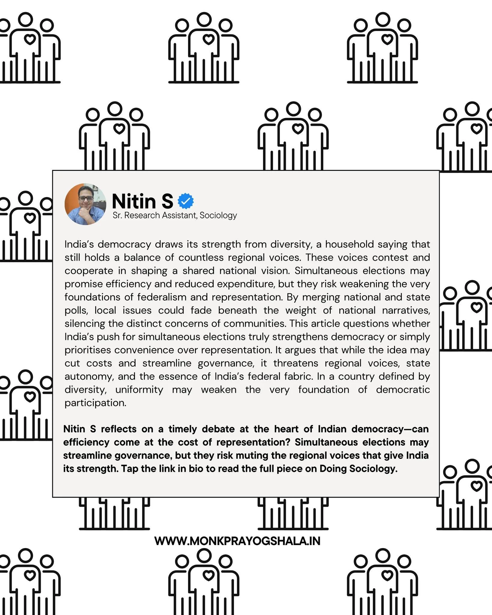 🗳️ Can efficiency replace representation?

Nitin S reflects on India&rsquo;s push for simultaneous elections&mdash;an idea that may streamline governance ⚙️ but risks muting the diverse regional voices that give Indian democracy its strength 🌏. In 