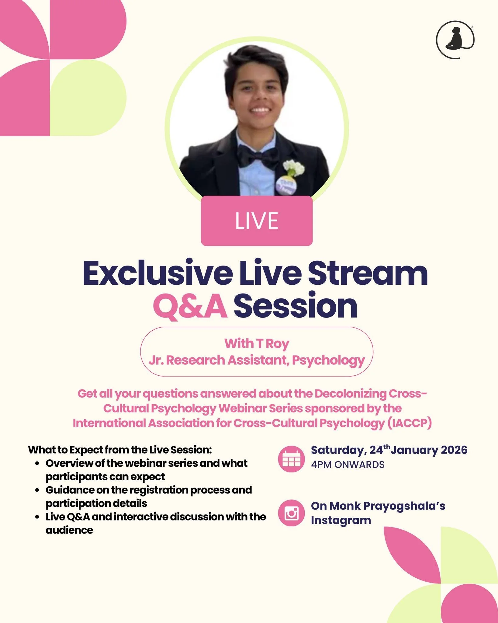 💭 Curious about the Decolonizing Cross-Cultural Psychology Webinar Series?

Join us for an Instagram Live Q&amp;A with T Roy, Jr. Research Assistant (Psychology), and get clarity on what the series offers, how to register, and what to expect from th
