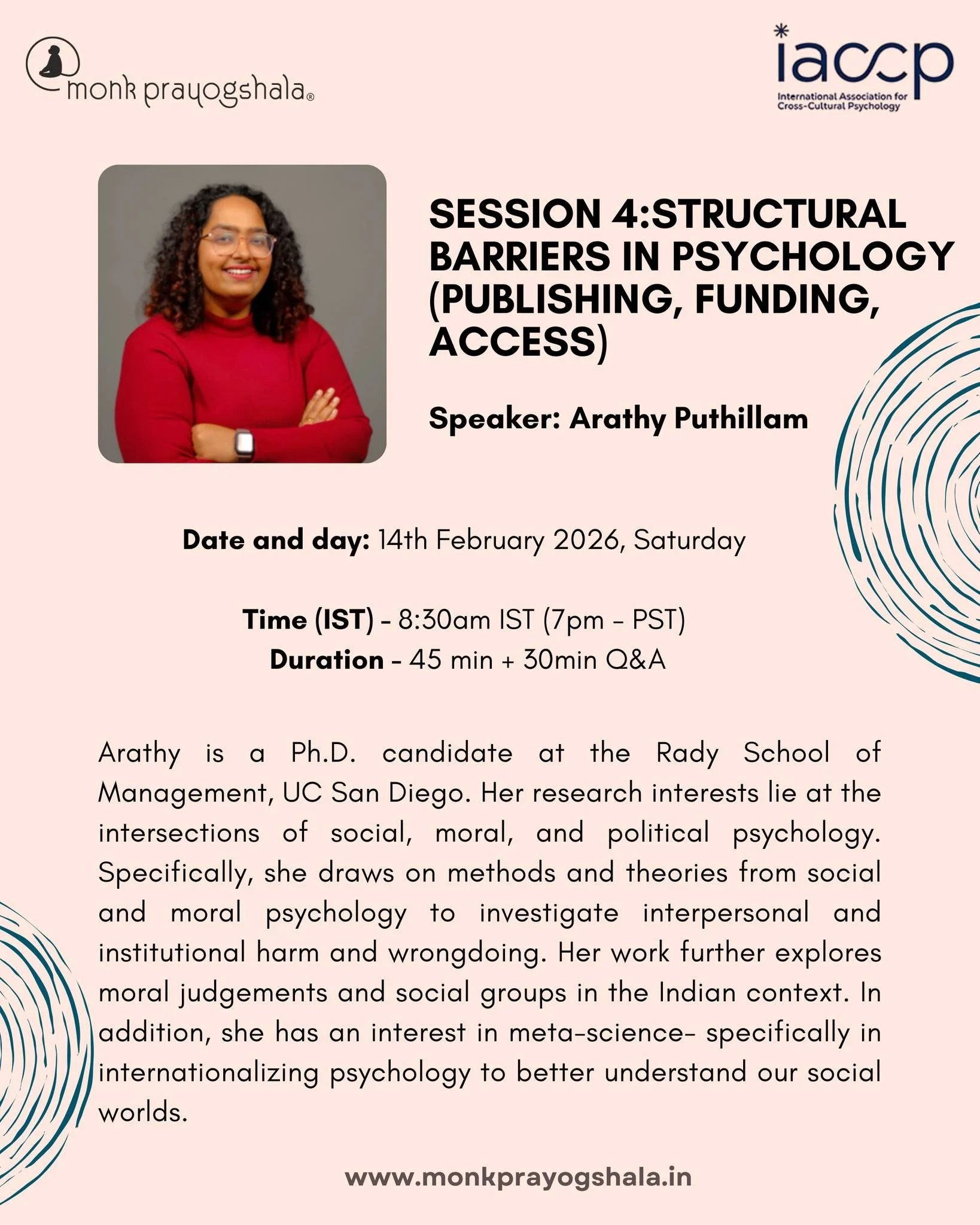 🚧 Session 4: Structural Barriers in Psychology (Publishing, Funding, Access)
Join  Arathy Puthillam on 14th February 2026 (Saturday) as she unpacks how institutional structures shape access, publishing, and funding&mdash;especially within social, mo