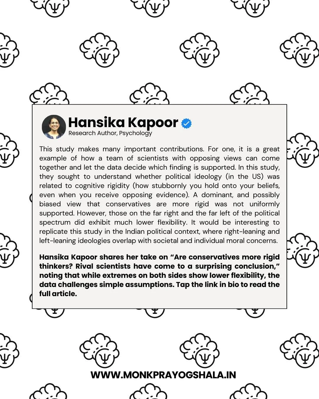 🧠 Are conservatives more rigid thinkers?

Hansika Kapoor shares her take on &ldquo;Are conservatives more rigid thinkers? Rival scientists have come to a surprising conclusion&rdquo; &mdash; noting that cognitive rigidity peaks at the political extr