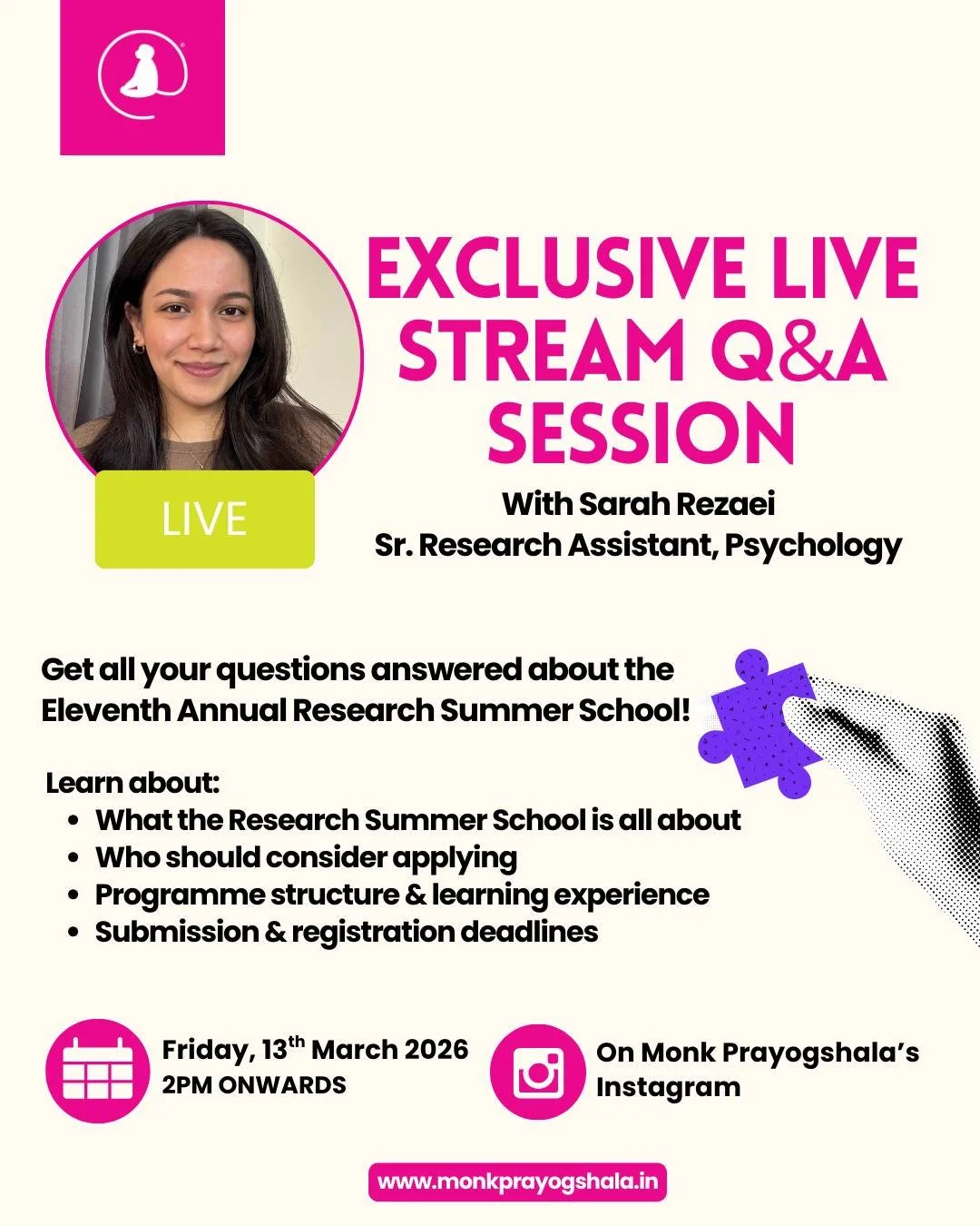 Ready to take your first (or next) step into research? 🔬✨

Join Sarah Rezaei LIVE as she breaks down what the Eleventh Annual Research Summer School is all about &mdash; who it&rsquo;s for, what you&rsquo;ll gain, and how to make the most of it.

📅