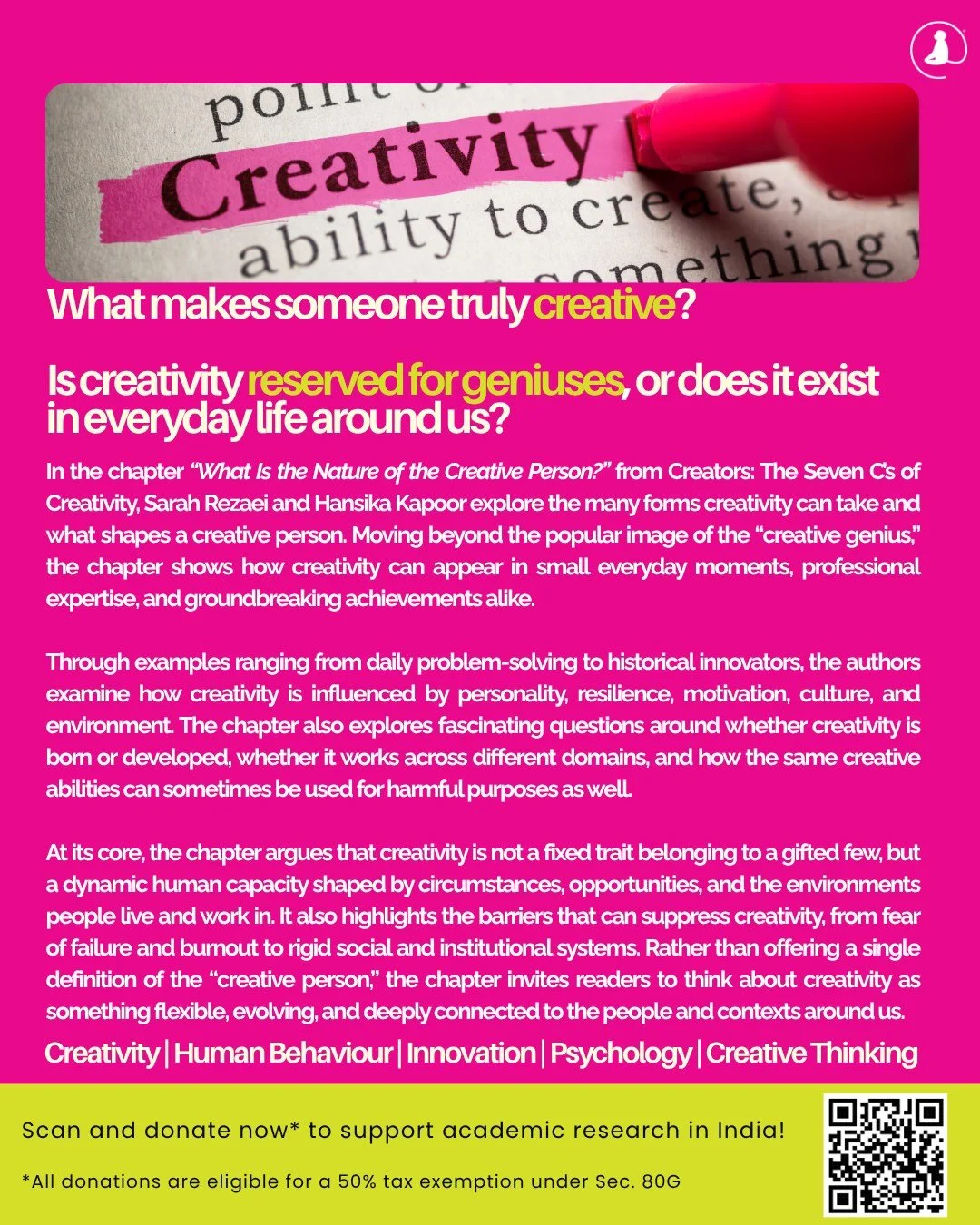 📢 #PublicationAlert
Sarah Rezaei and Hansika Kapoor co-authored a new book chapter titled &ldquo;What Is the Nature of the Creative Person?&rdquo; in the book Creators. The Seven C&rsquo;s of Creativity!

In this chapter, they explore the nature of 