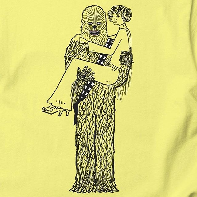 'Chewy Finds a Girlfriend' printed on lemon yellow t-shirt