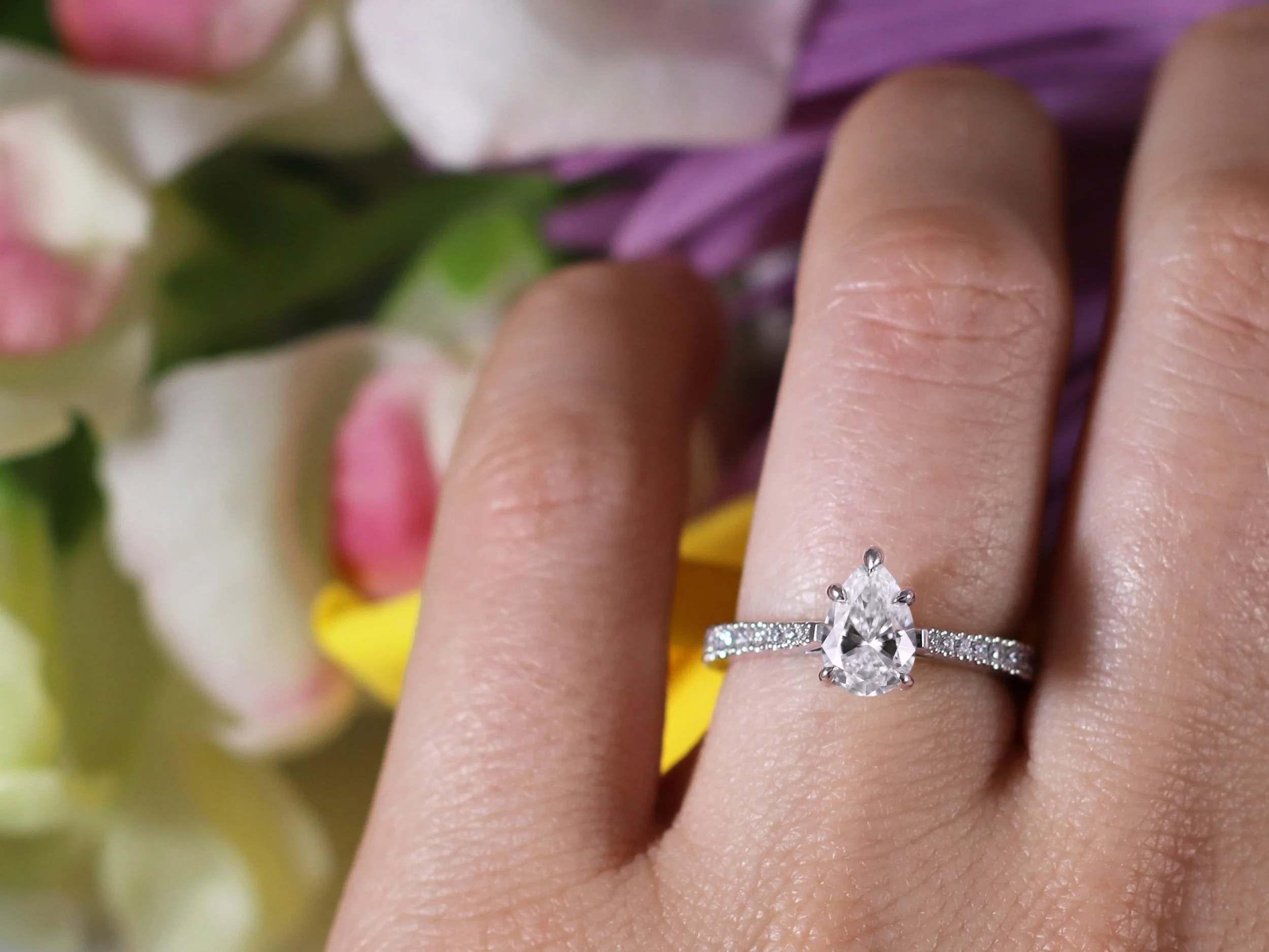 Elisa Melegari Custom Handmade Pear Diamond Platinum Milgrain Pave Engagement Ring