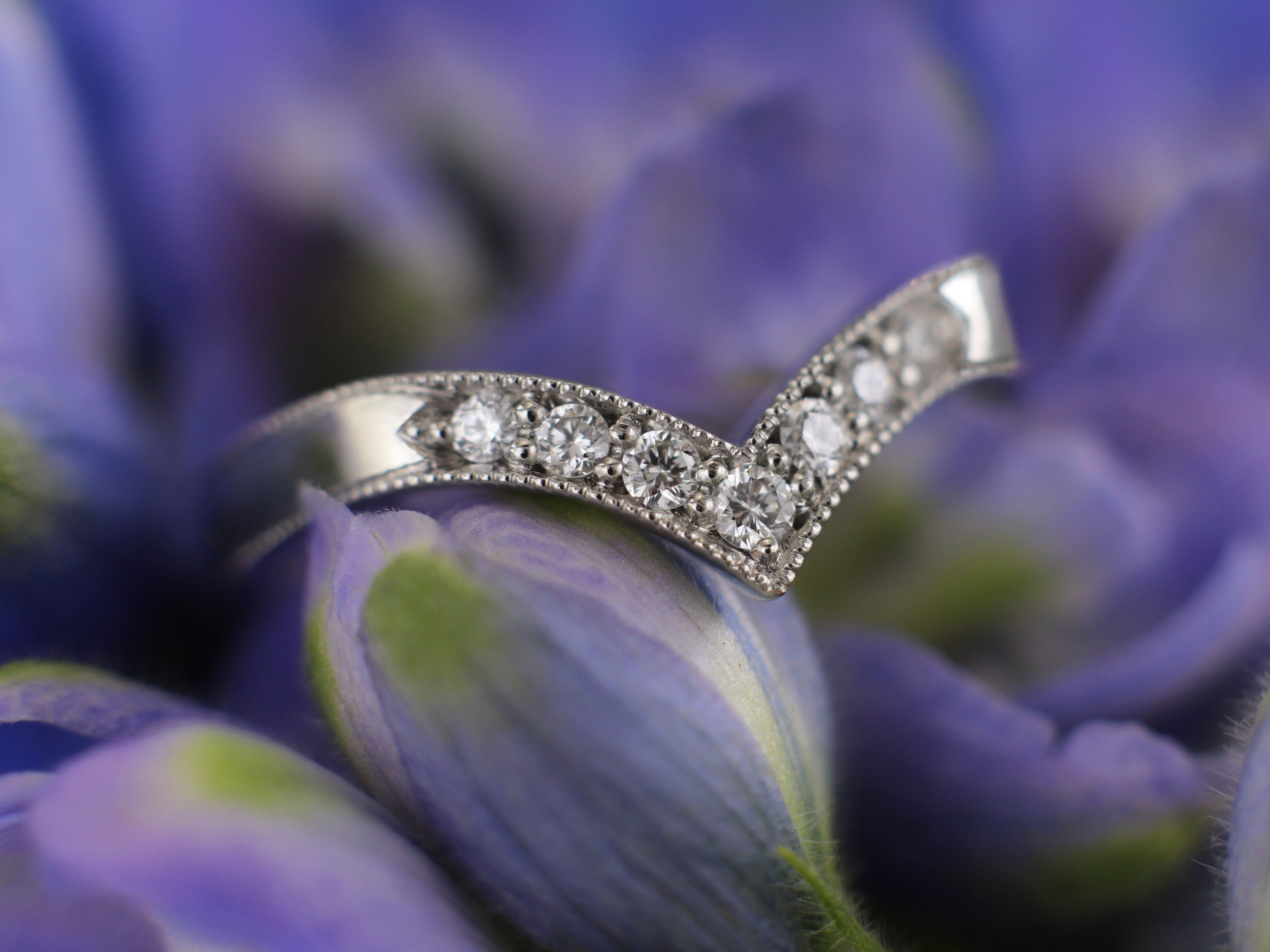 Elisa Melegari Custom Handmade Diamond Platinum Milgrain Pave Chevron Wedding Ring