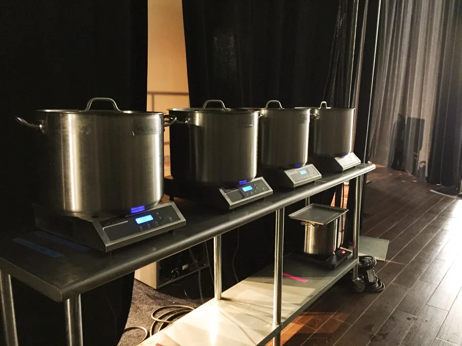 Warming up the broths back stage before the battle...all the broths were boiling for 6+ hours the day prior, and we boiled it up for another 5 hours before the competition.