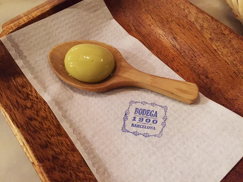The infamous Adrià brothers 'Olive burst with vermouth' Bodega 1900, Barcelona