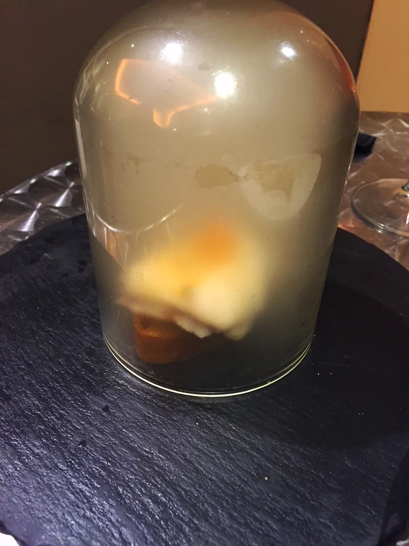 Smoked eel pintxos, served in a glass dome at Zeruko, San Sebastián 