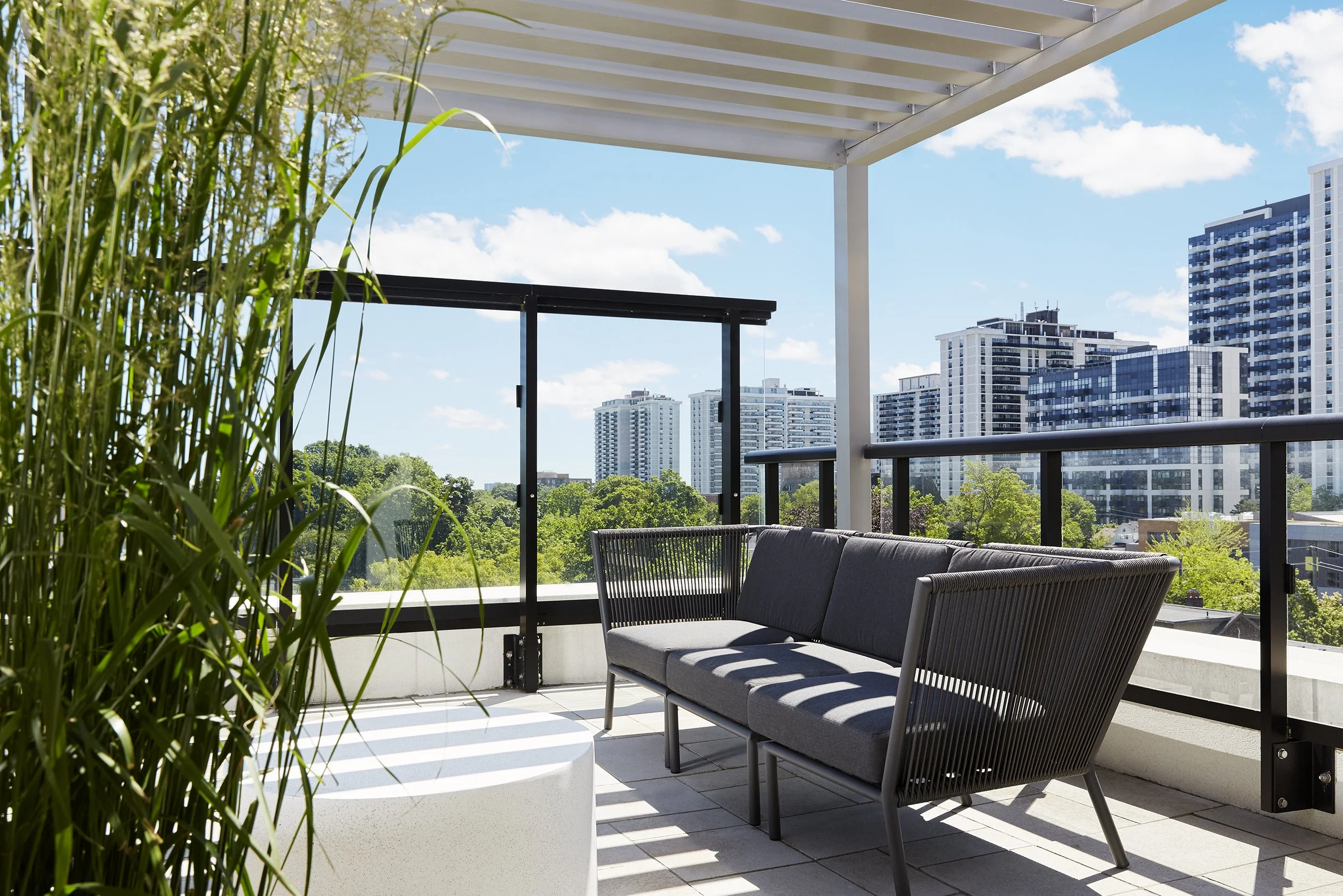 Mattamy Homes - J.Davis Condominium Rooftop Patio, tall green plants, sitting area, and city skyline with high-rise buildings in the background under a partly cloudy sky.