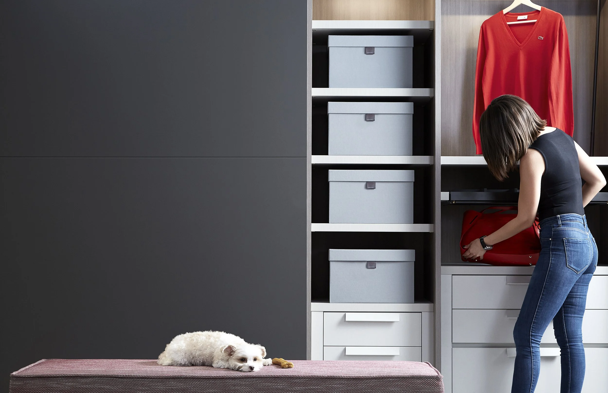 Trevisana showroom in Toronto featuring a curated, personalized closet with custom storage solutions, high-quality Italian-made materials, and precise craftsmanship blending tradition and modern innovation.