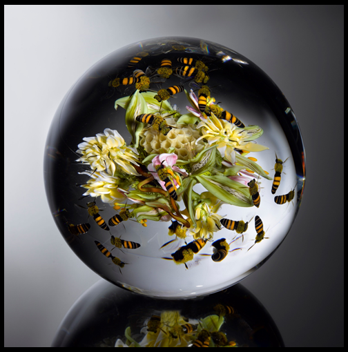 Field Flowers Cluster with Honeycomb and Swarming Honeybees Orb D. 6.0 inches 2012 Photo: Ron Farina SOLD