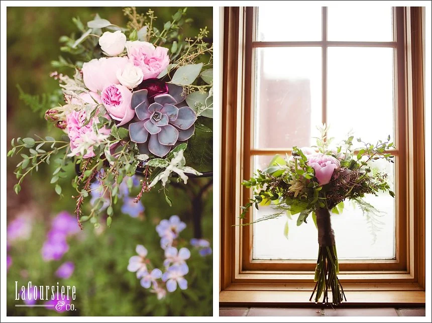 Sarah and Brandon's wedding can only be described as cooly romantic. Every detail was special - f rom their mode of transportation (riding the North Shore Scenic Railroad to the Depot ! ), to the guys' patterned socks, to those stylish wear- again bridesmaid dresses (no really!) . Now here was this cooly romantic vibe more obvious than the couple's flowers. They chose succulents, garden roses, peonies, ranunculus, spray roses, scabiosa, plumosa, bonsai eucalyptus, & seeded eucalyptus to comprise the bouquets, bouts, and centerpieces. Everything was casual yet elegant, much like the bride herself! See all the thoughtful details in the LaCoursiere photos below:
