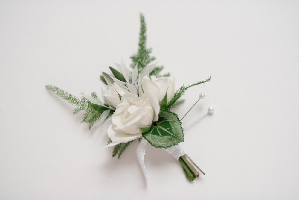 White Boutonniere/Pin-on Corsage — Saffron & Grey