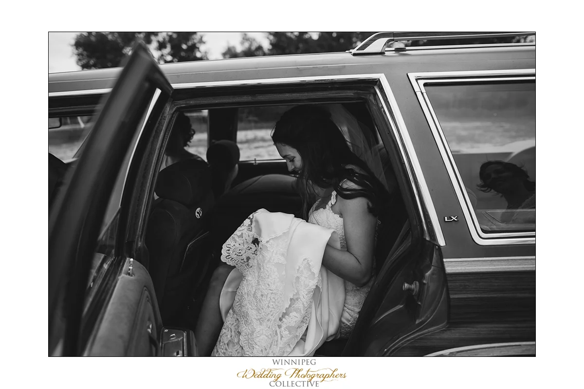 Bride in car before wedding ceremony