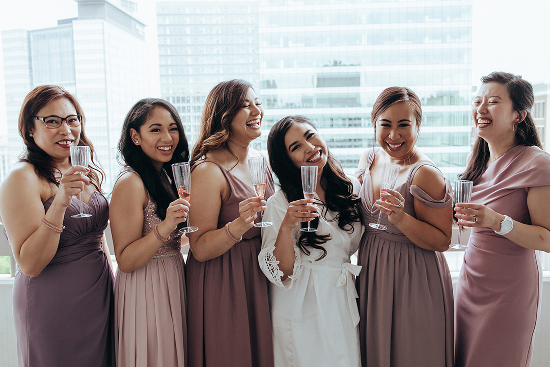 Bridesmaids champagne getting ready