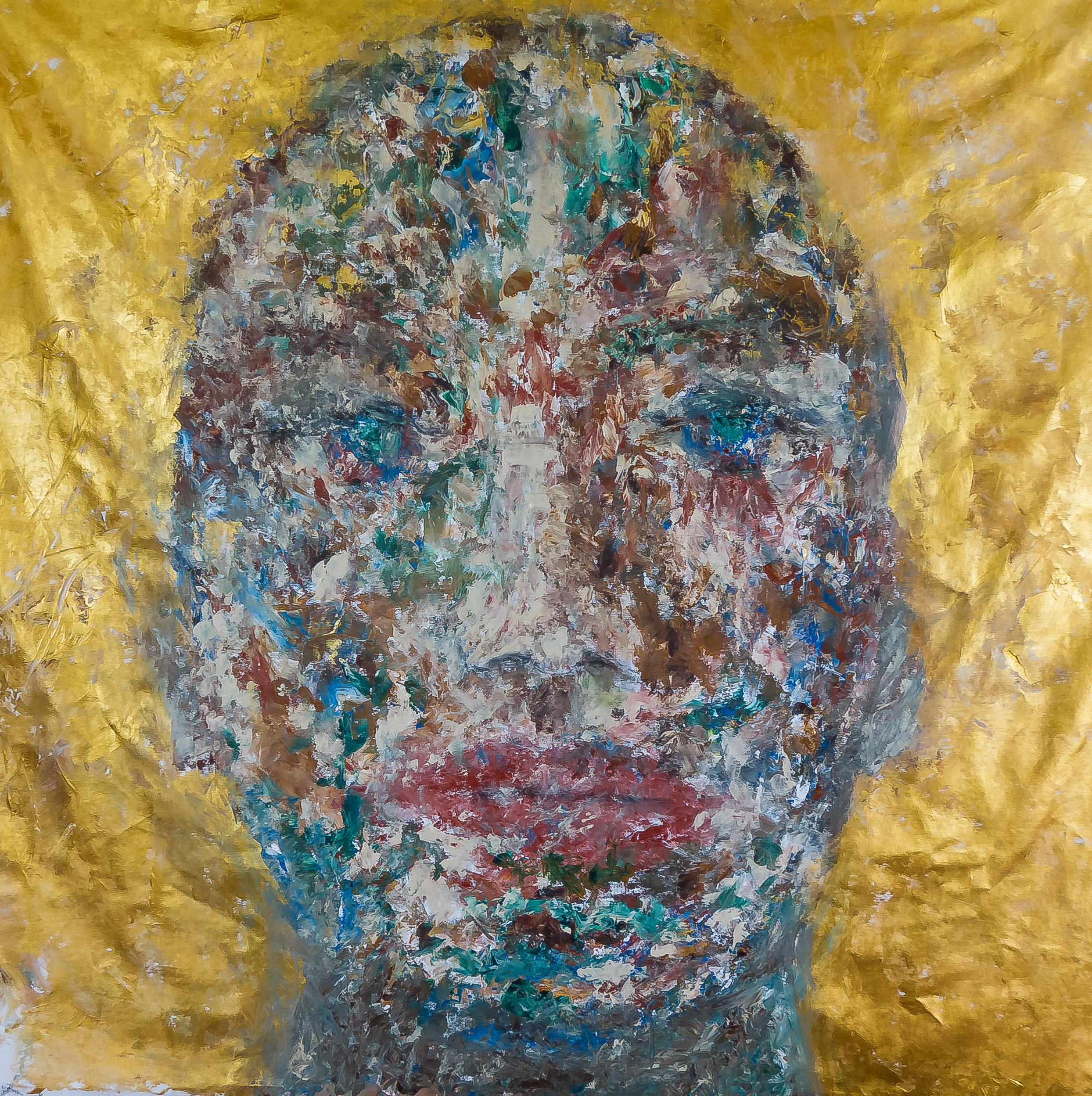 warren sulatycky, "gold portrait", acrylic on raw canvas, 60 x 100 inches, 2014, 