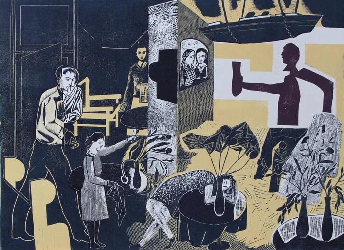  'The Canny Man's' Colour Lino Cut produced for the exhibition of Ten Printmakers as part of the St Jude's in the City exhibition at the Scottish Gallery.