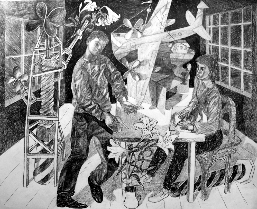 ''Couple and Propellors' Paper on Fabriano hp paper, 2014, 76 x 55 cm SOLD