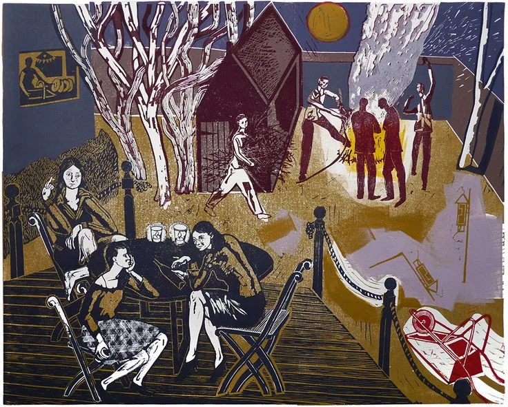 'Bonfire' Part reduction Colour Linocut, with hand finishing Printed on Fabriano hp paper, 2014 Limited edition of 15, signed Image size: 650mm x 520mm SOLD OUT