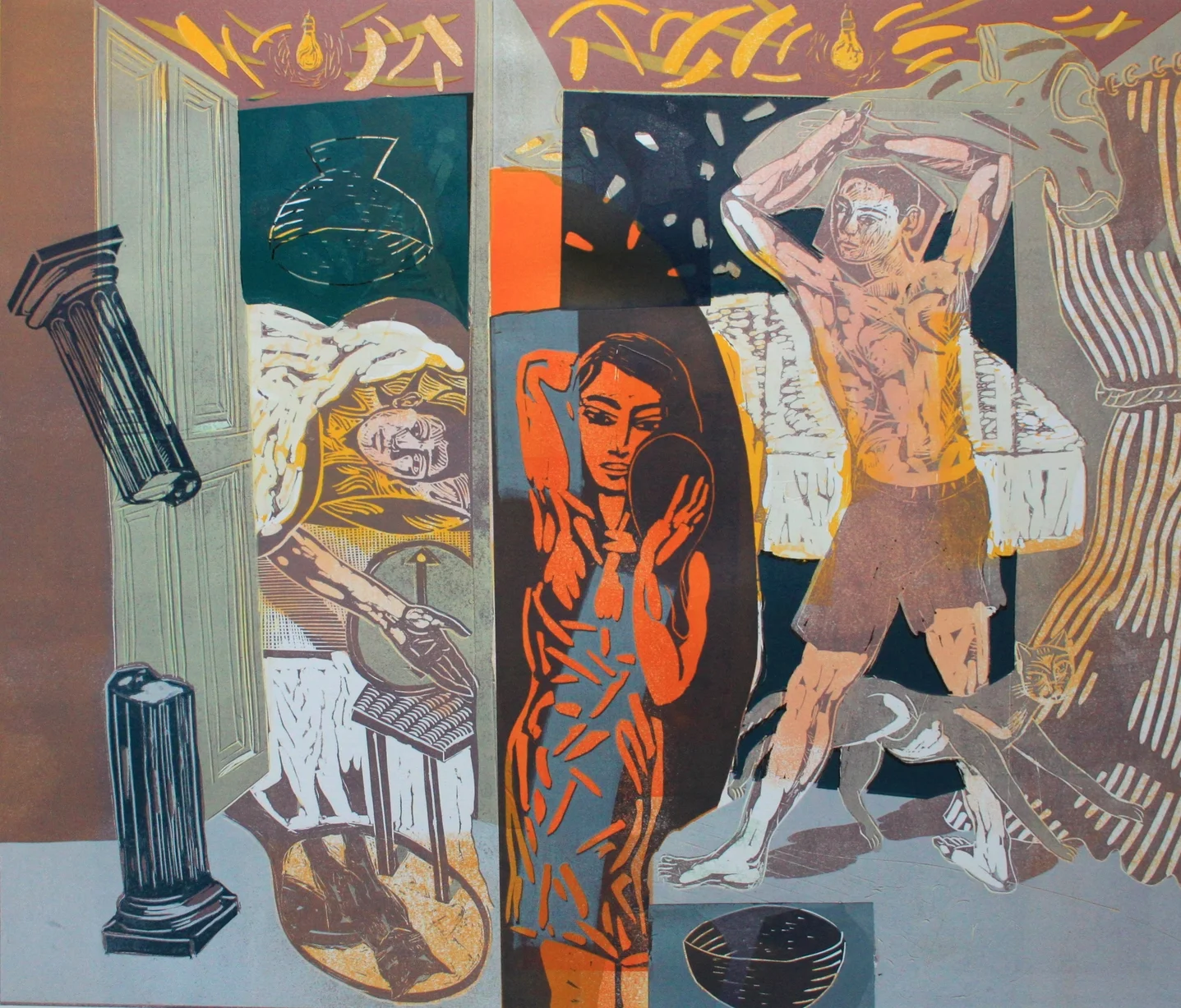 'Early Start' Reduction Colour Linocut, with hand finishing Printed on Somerset Satin paper, 2014 Image size 61cm x 70cm, signed, Edition of 15 £295.00 Unframed