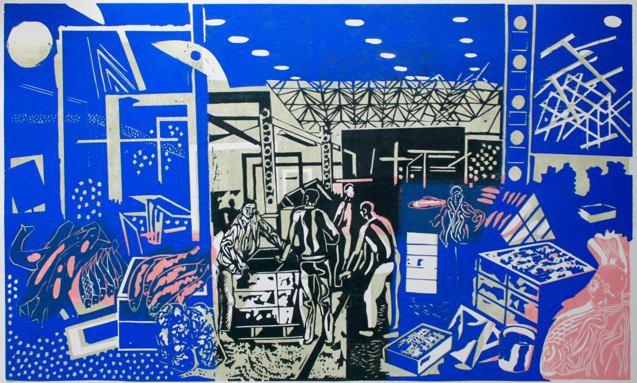 ' Billingsgate ' Colour Linocut, 2014, printed on Fabriano hp paper Edition of 30, 45cm x 75cm, signed £275.00 unframed