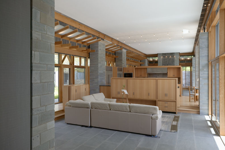 relaxing living room exposed timber framing