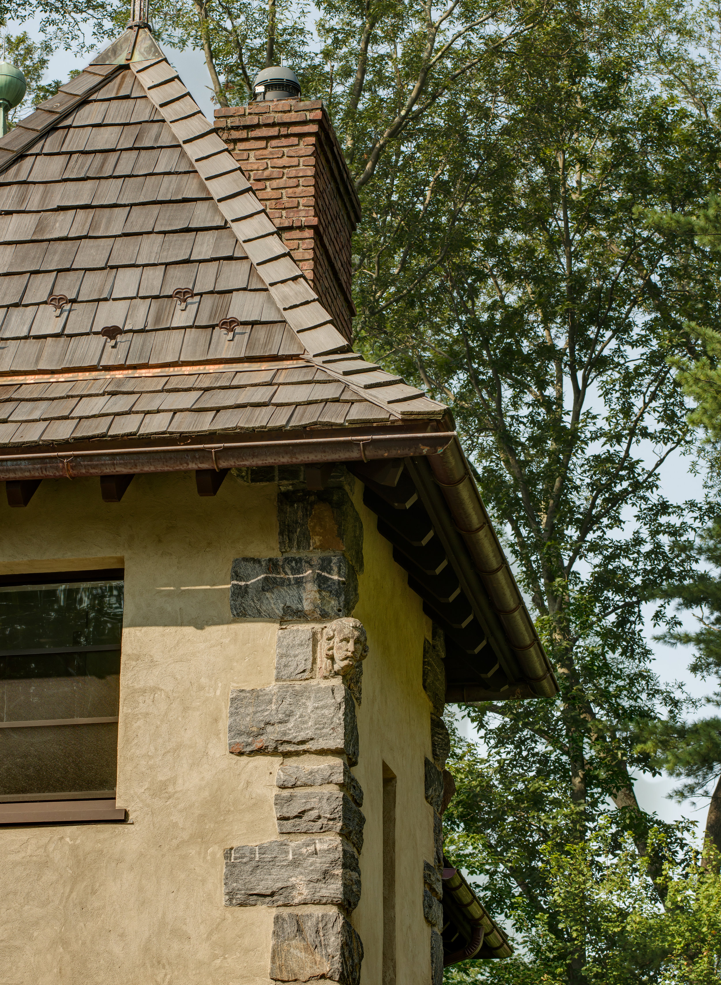 slate shingles brick chimney stone belfry bell tower