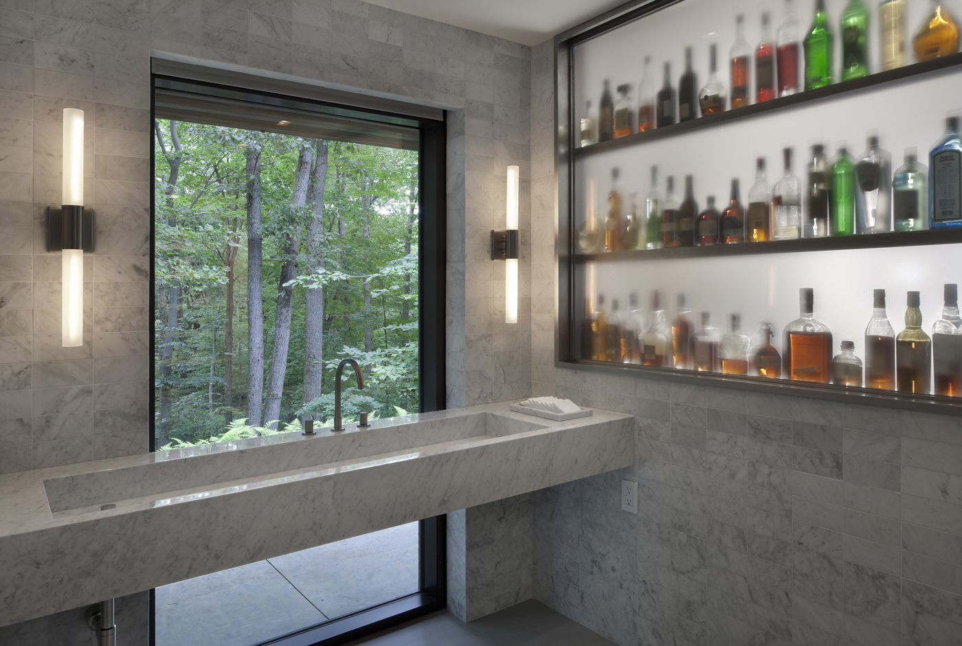 private basement bar with forest views