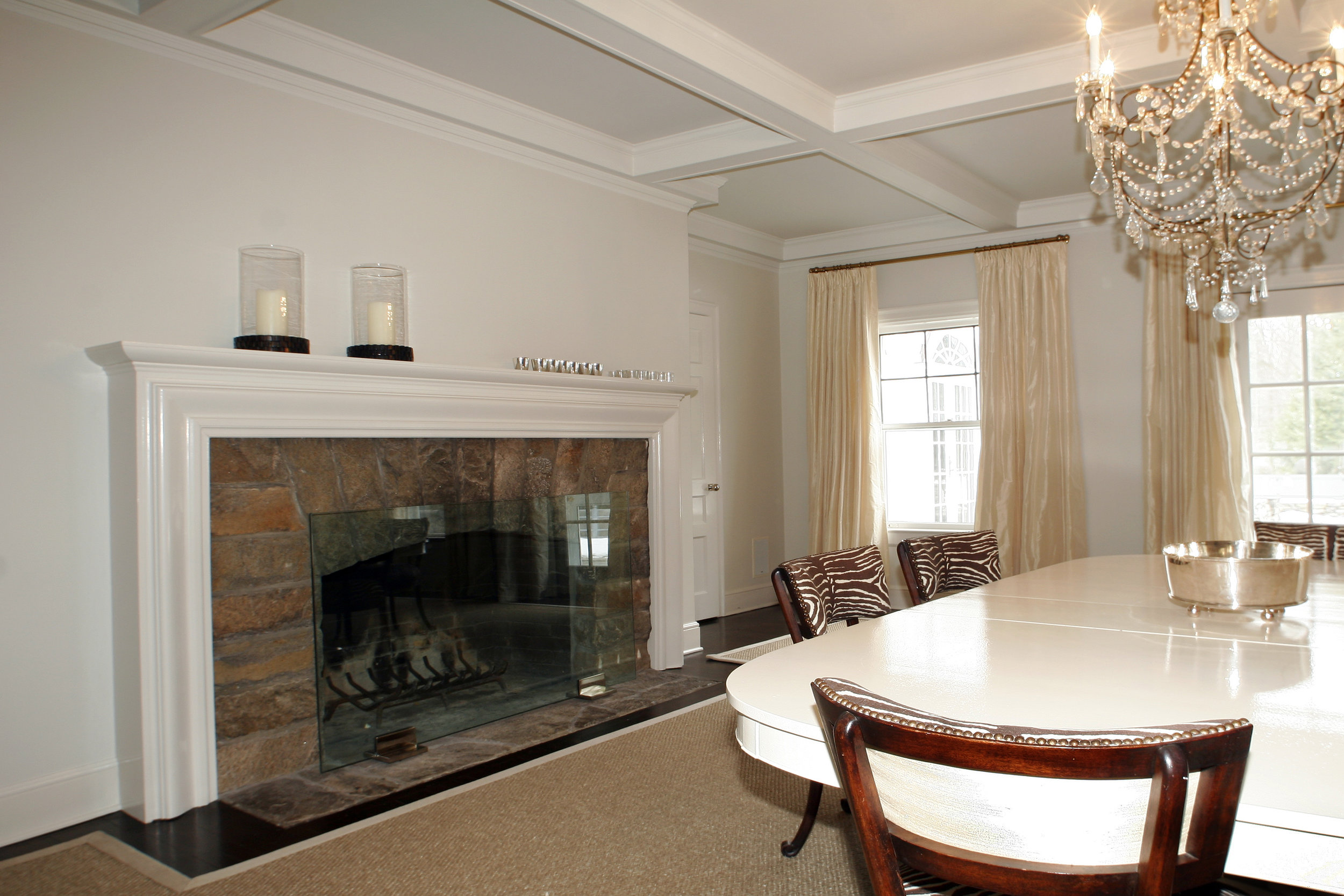 dining room fireplace cozy warm white