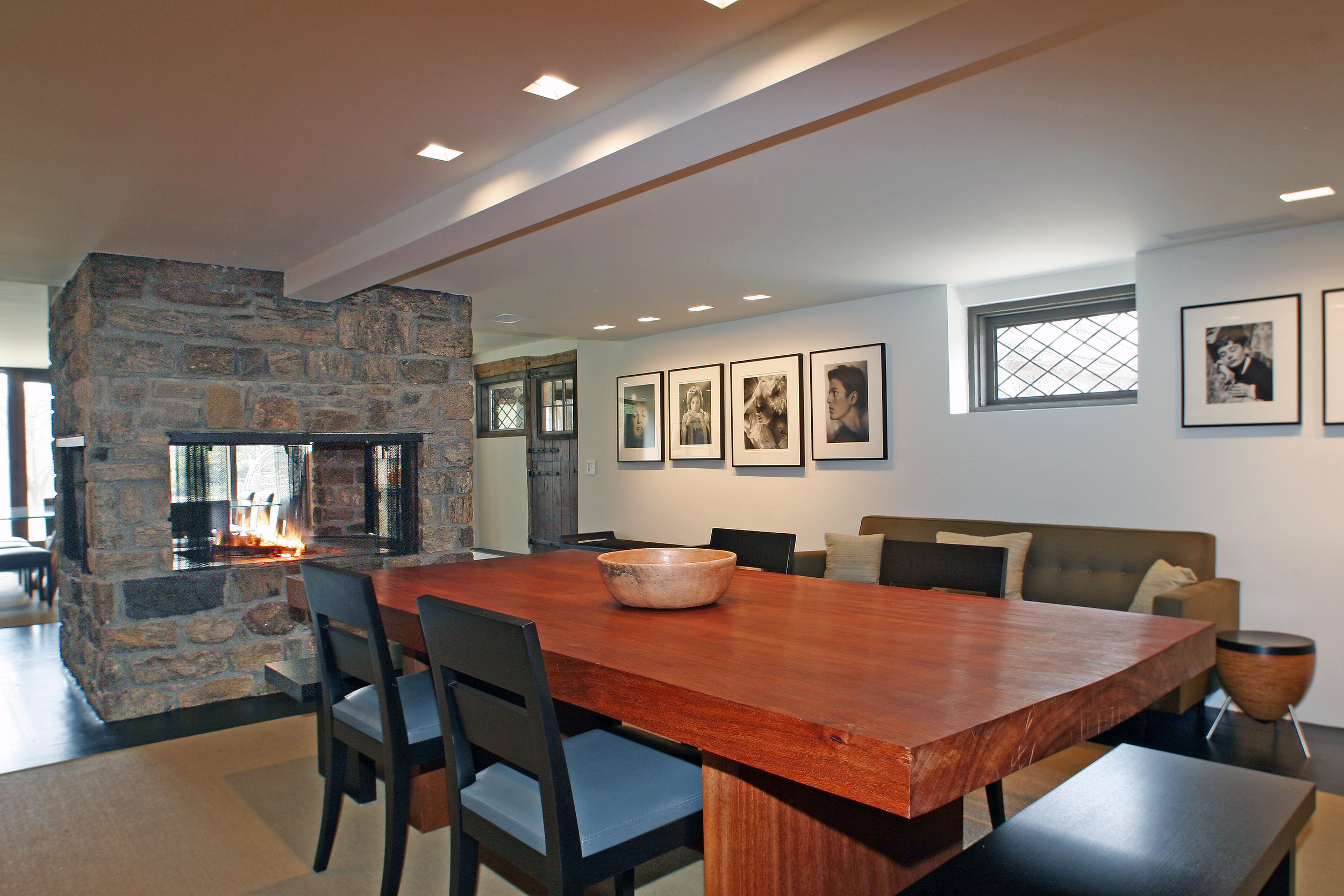 beautiful wood dining room table custom luxury stone fireplace