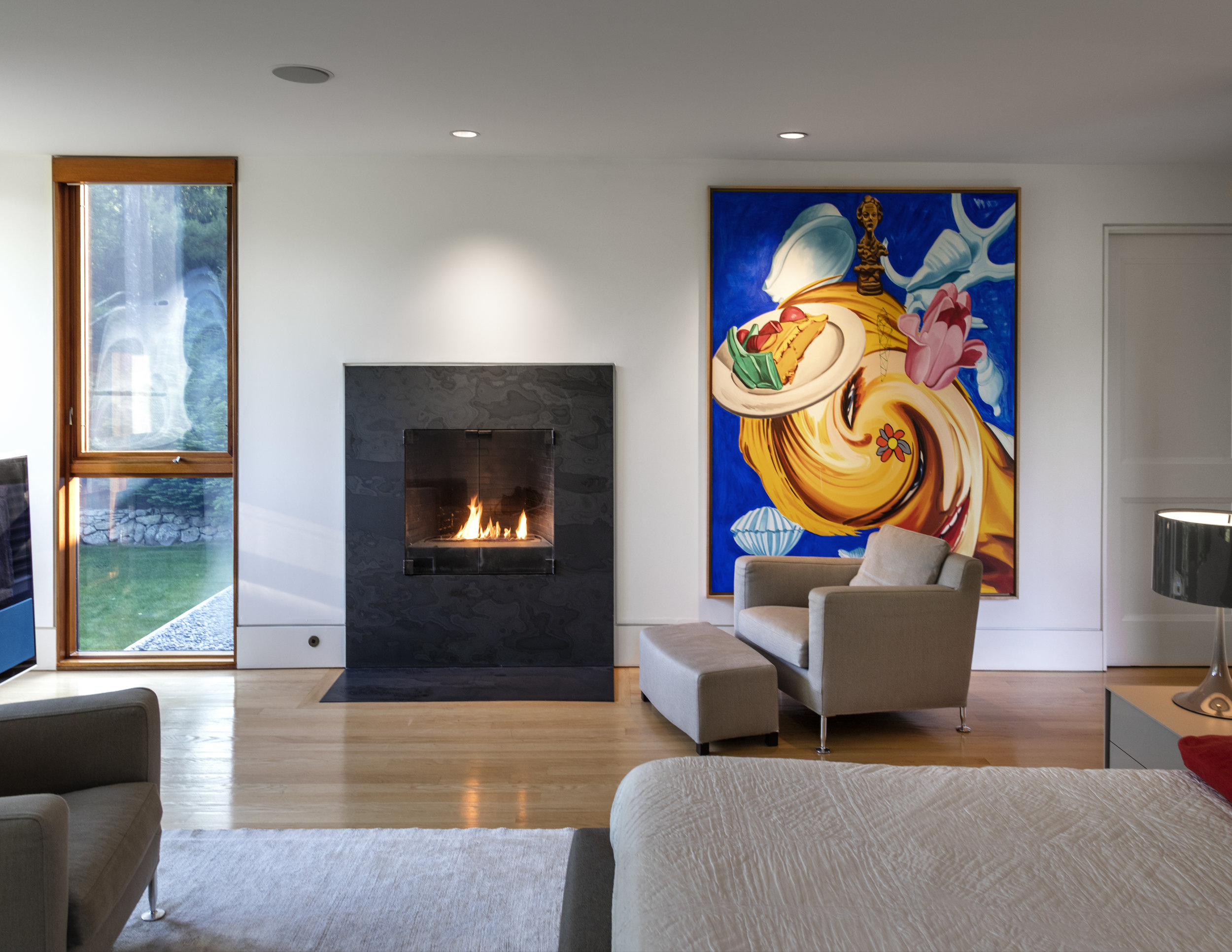 comfortable luxury living room with fireplace modern art