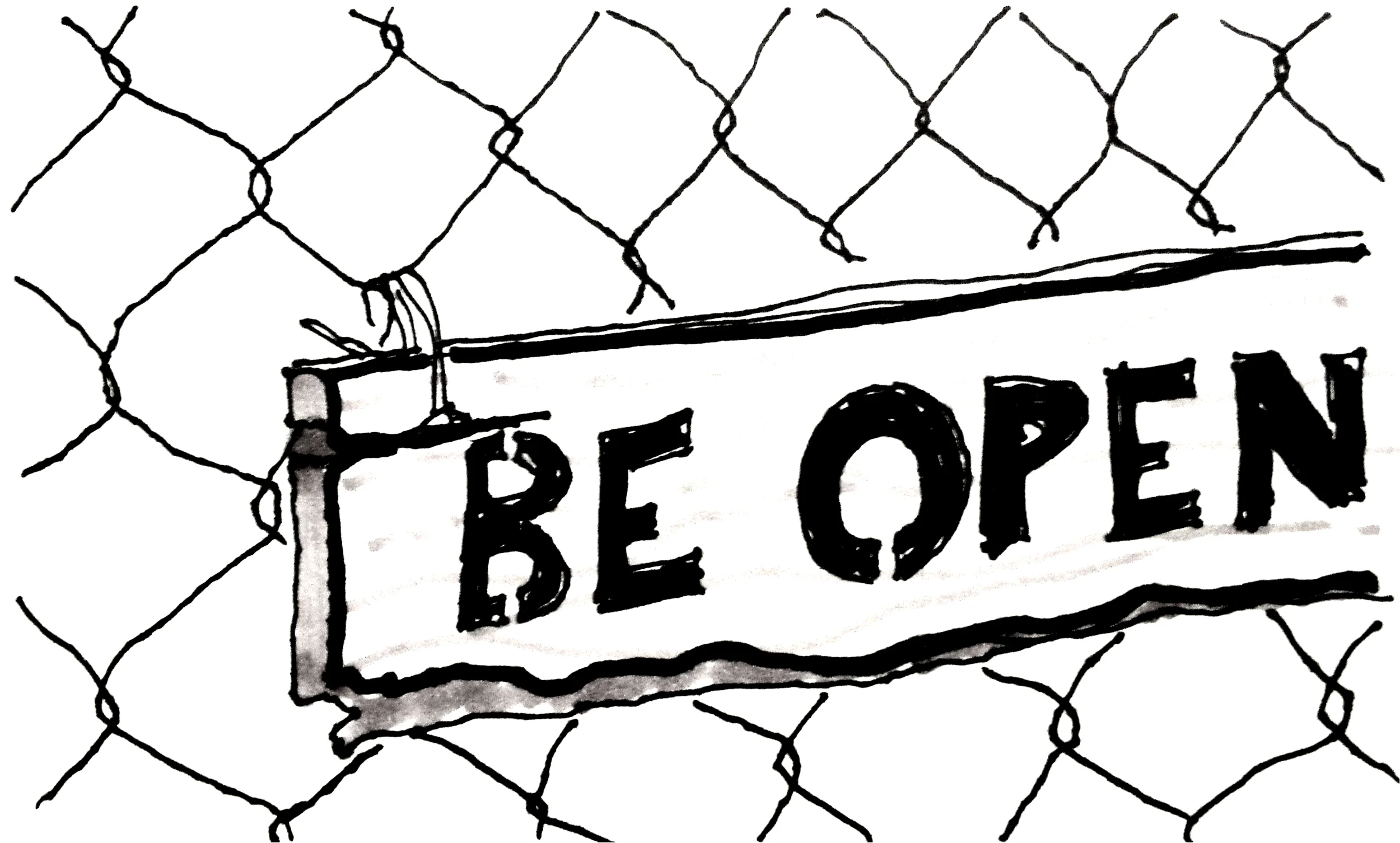 Sign written on a broken piece of wood that was zip-tied to a chain-link fence surrounding a vacant lot.
