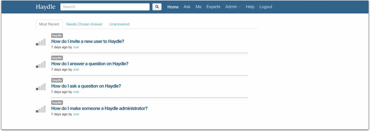 The landing page when users first enter Haydle.