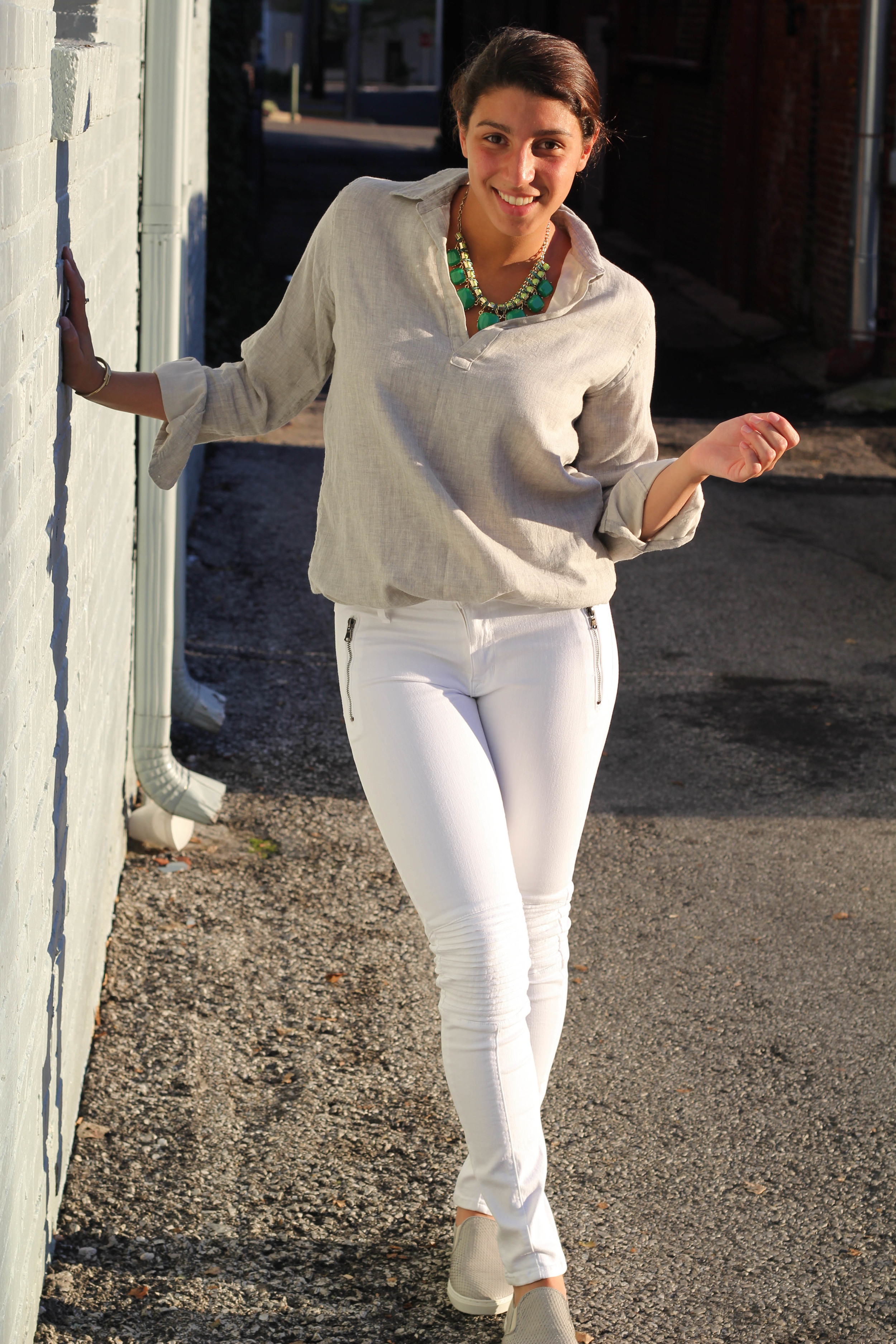 I love this linen top because you can wear it casually or for a more business casual purpose. It's a classic collared look with an appropriate neckline that isn't too conservative, but leaves enough hidden. The light material is good for early fall and even when it gets a little colder out, you can just throw a light jacket over it. 