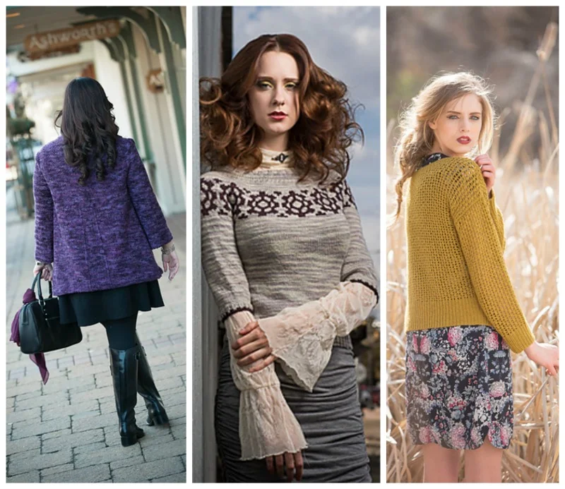 Crabtree Cardigan by Maria Yarley, Steampunk Pullover by Julia Farwell-Clay, Cormac Sweater by Leah B. Thibault (all photos copyright their respective publishers)