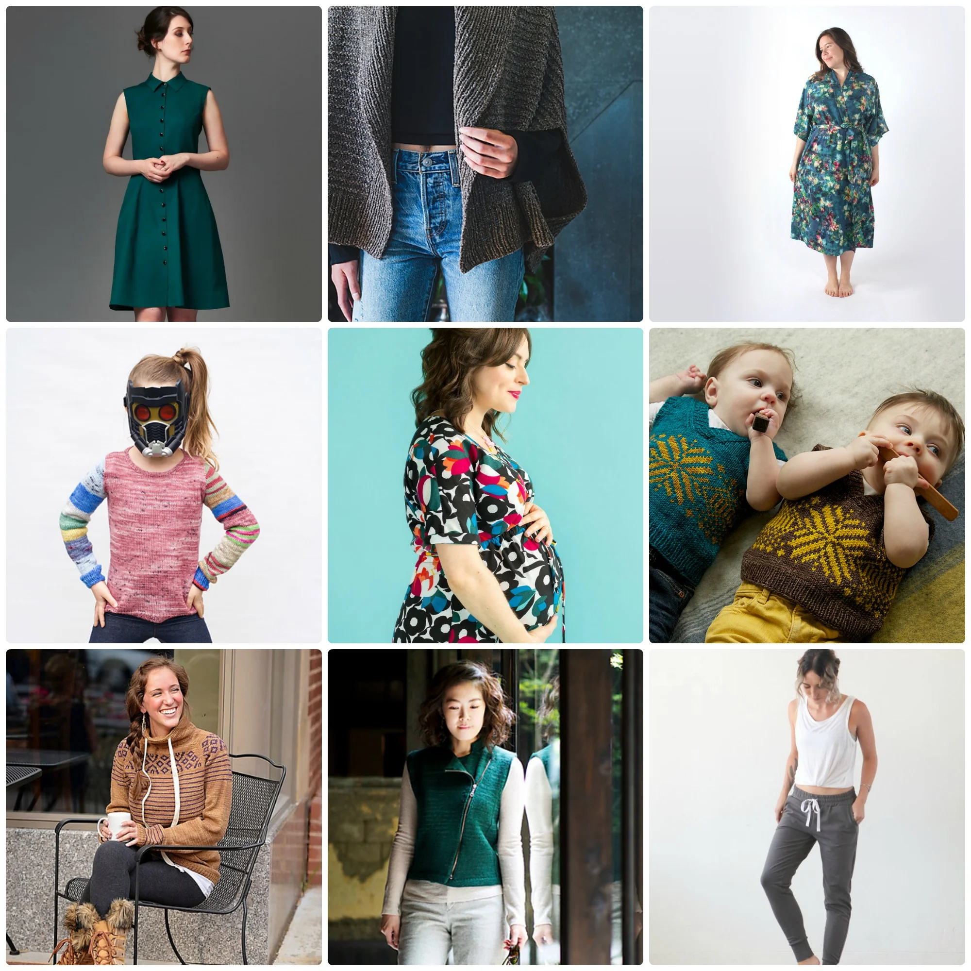 L-R: Bluet Dress , Deer & Doe; Veronika Cardigan , Shannon Cook; Suki Kimono , Helen's Closet; Little Sock Arms , Stephanie Lotven; Bettine Dress , Tilly and the Buttons; Peanut , tincanknits; Brecken Sweater , Kate Oats; Harley , Veronika Jobe; Hudson Pant , True Bias