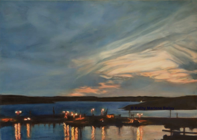 "Nightfall Over the Harbour", Old Perlican Harbour Series, Glaze Oil, Canvas on Stretcher, 30"x40"