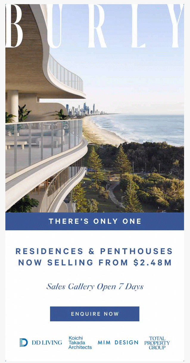 Social roll-out for Bury Residences. The campaign promotes luxury residences and penthouses for sale from $2.48 million.