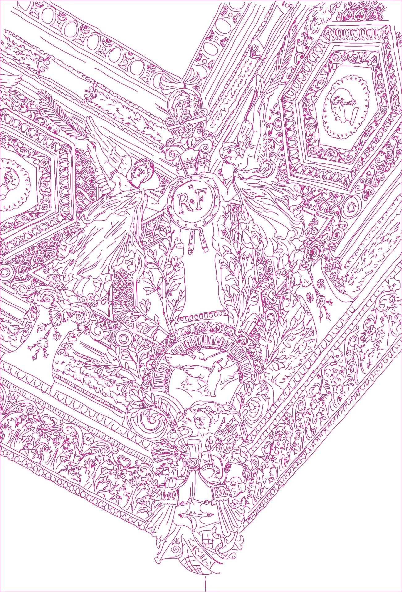 Intricate line drawing of a decorative, ornate illustration featuring four angels surrounding a central emblem with the letters 'R F', flowers, and classical motifs, with detailed borders and medallions.