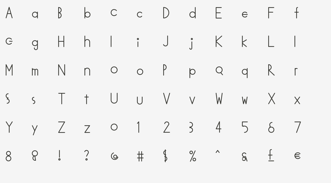 Alphabet chart displaying uppercase and lowercase letters, numbers, and symbols in a minimalist style.