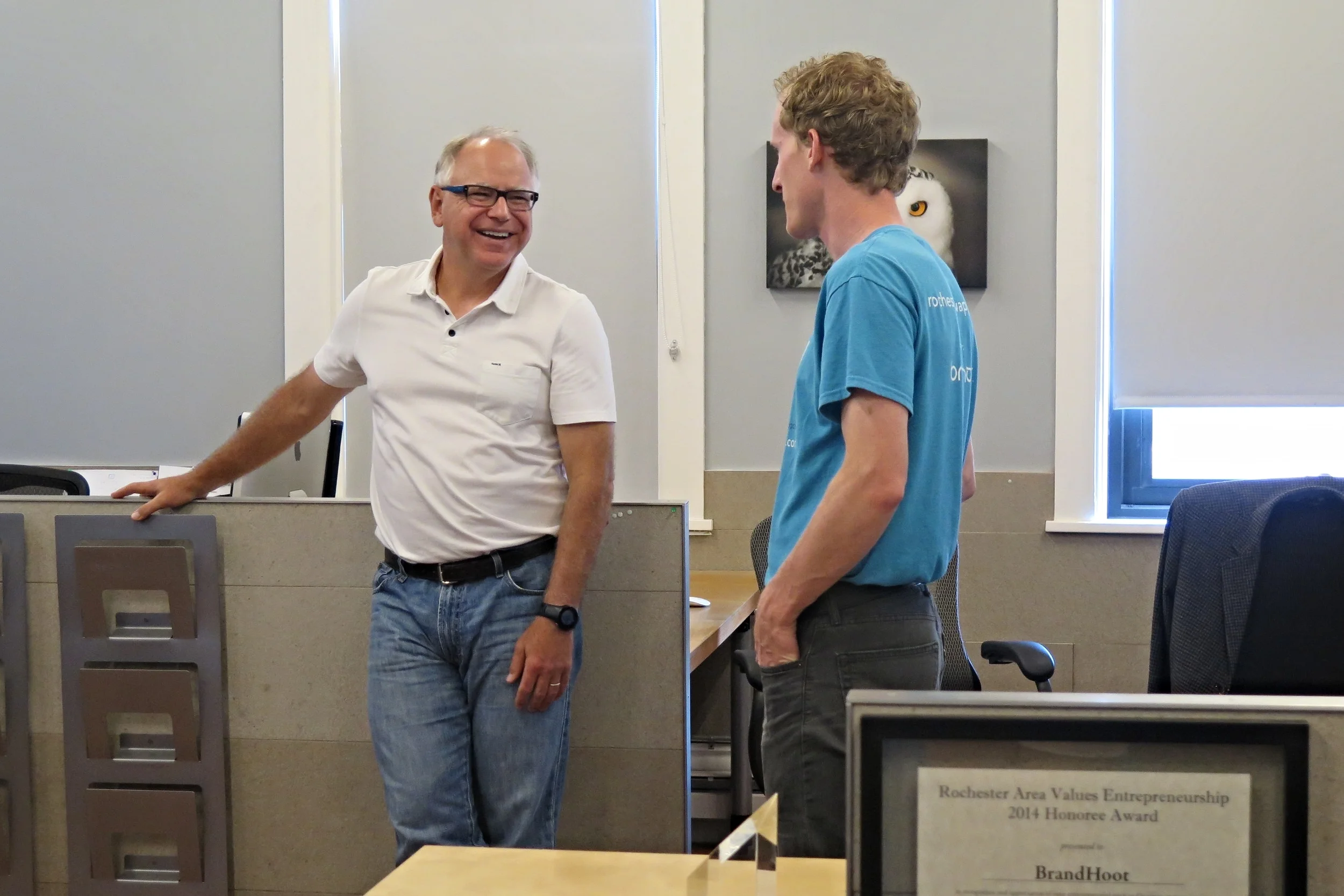 Rep. Tim Walz tours tech startup BrandHoot during visit to Rochester