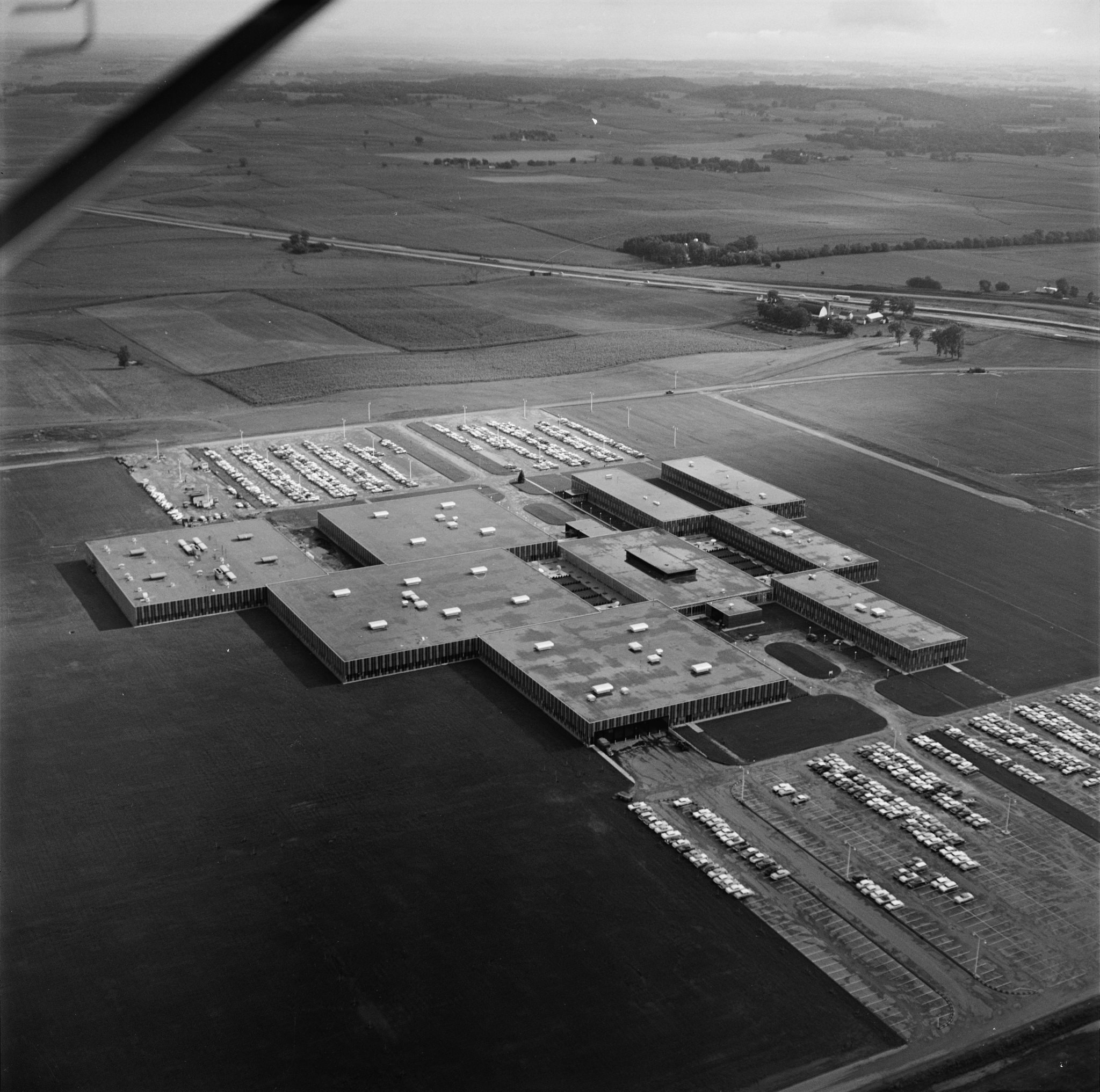 Aerial shot of IBM's Rochester campus in the late 1950s. Photo by Balthazar Kolrab, via the Library of Congress.