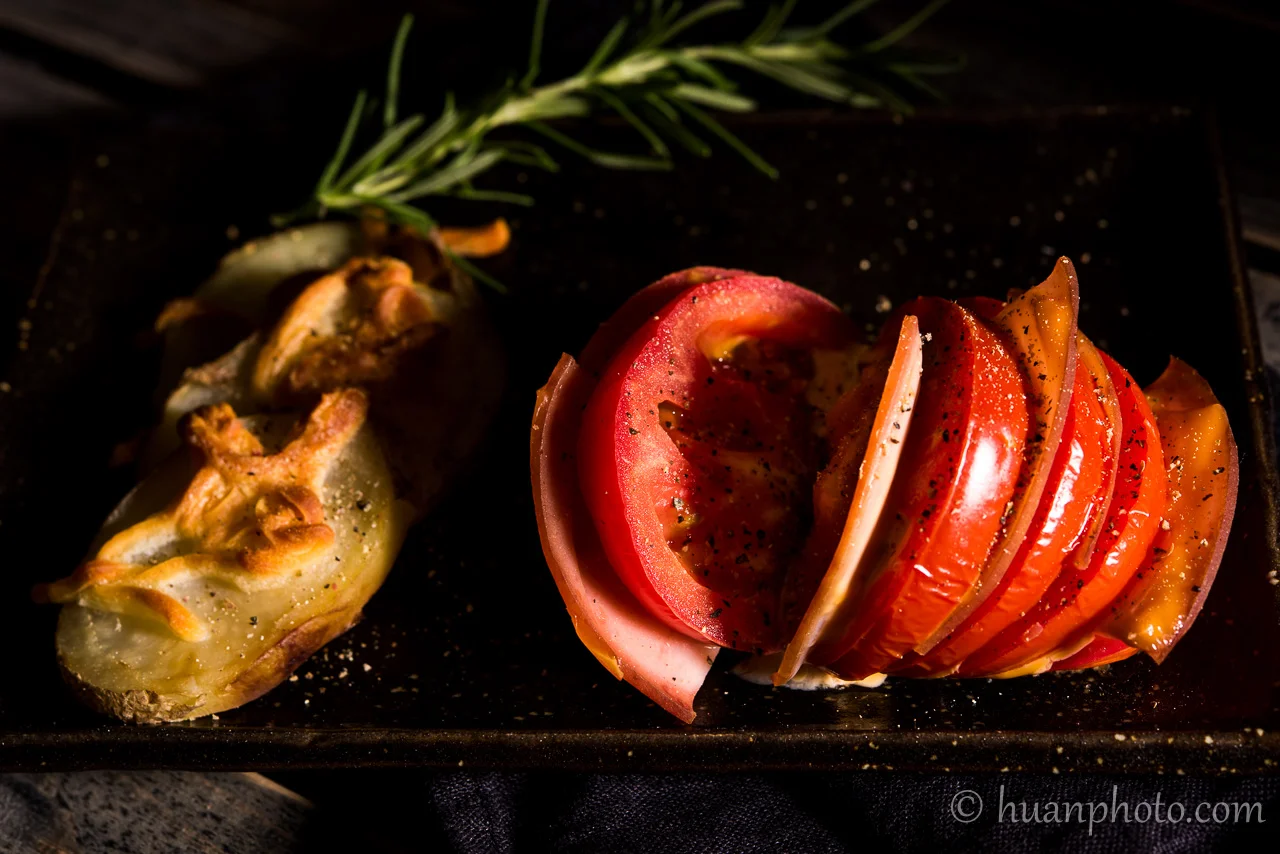 美食攝影暗部打光技巧：焗烤起司培根手風琴番茄