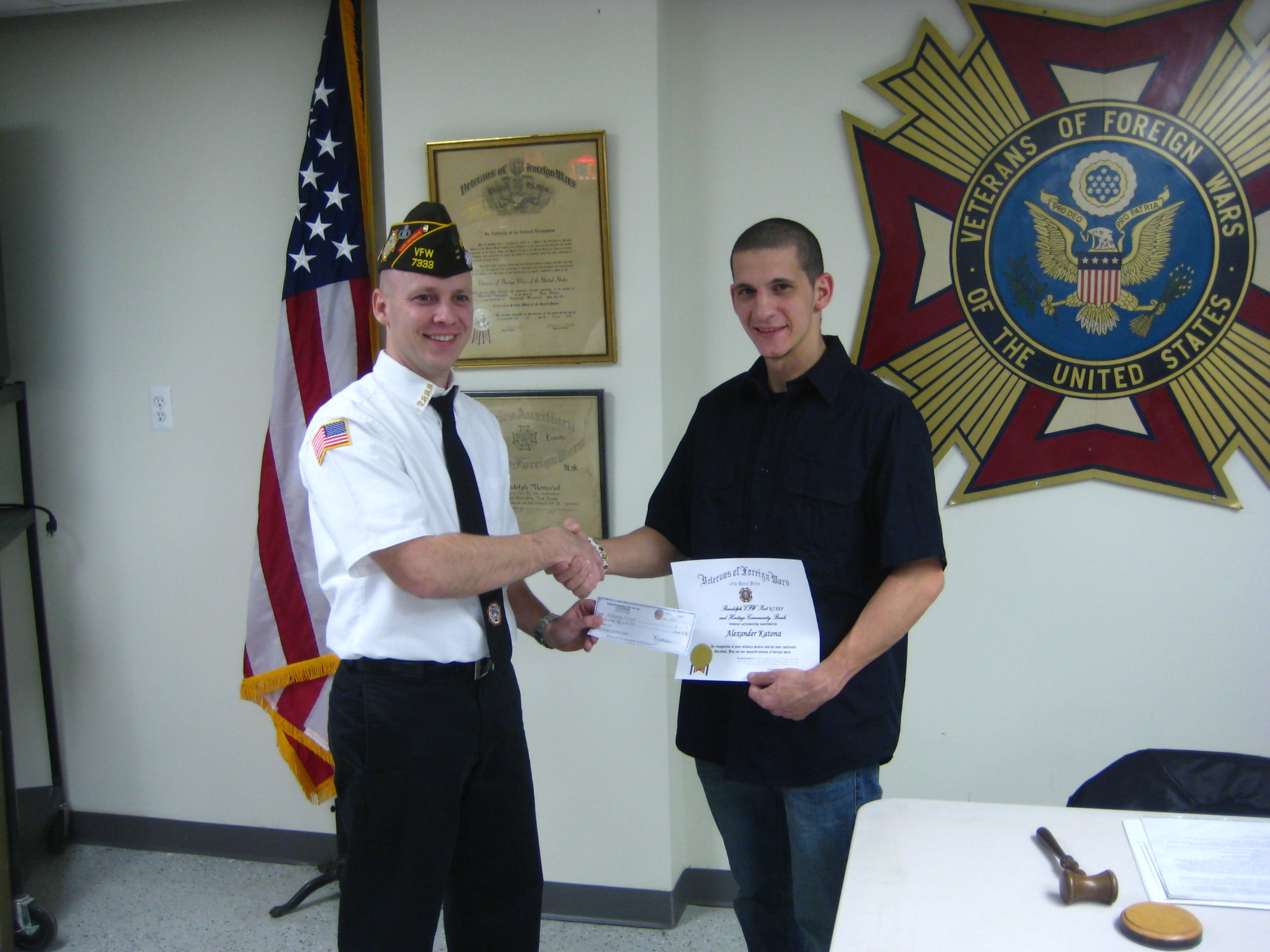 Commander Scott Katona presenting Alex Katona with the Randolph VFW Post #7333, Veterans of Foreign Wars ‘Veteran scholarship’