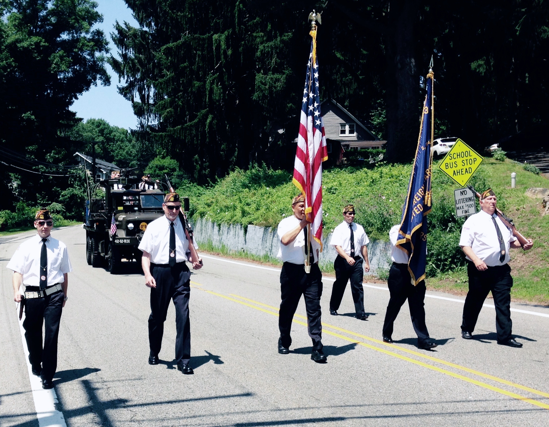 2015 Fourth of July Parade - Scott, Jack and Randy, with flag bearers Emerson & Angel and Riflemen Len & Dan.