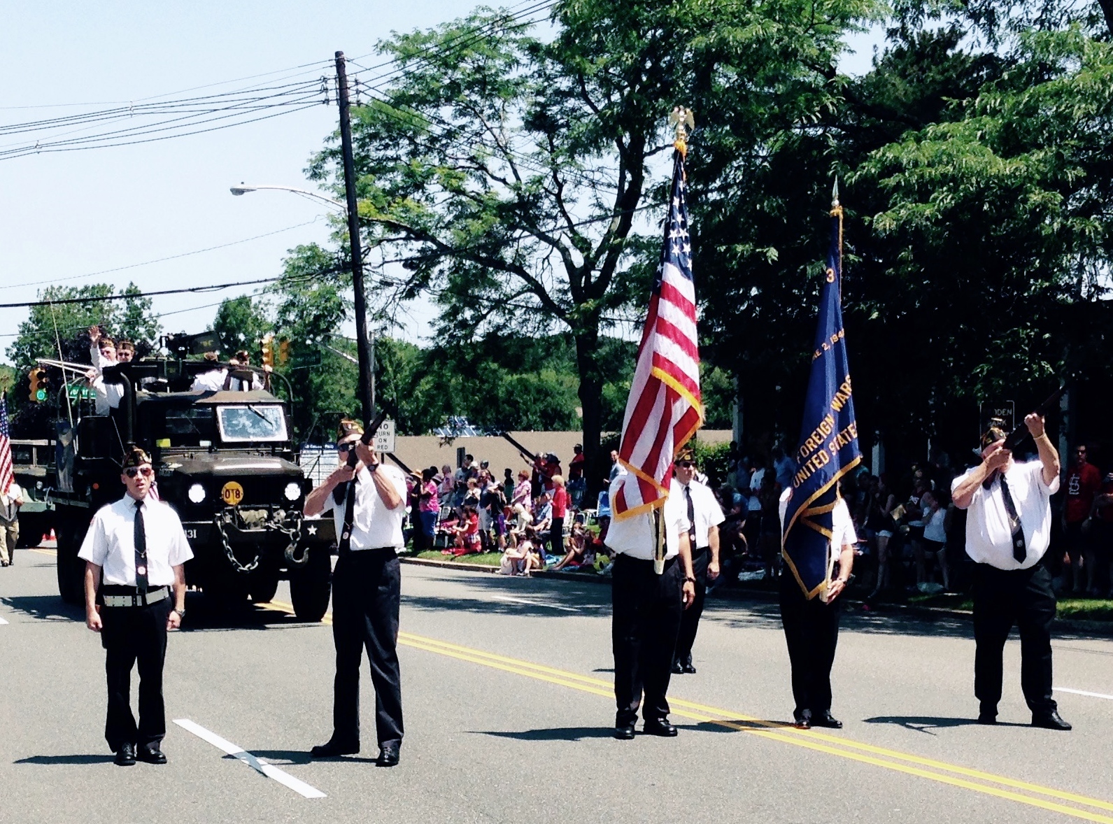  2015 Fourth of July Parade -&nbsp;Scott, Jack and Randy, with flag bearers Emerson &amp; Angel and&nbsp;Riflemen Len &amp; Dan. 
