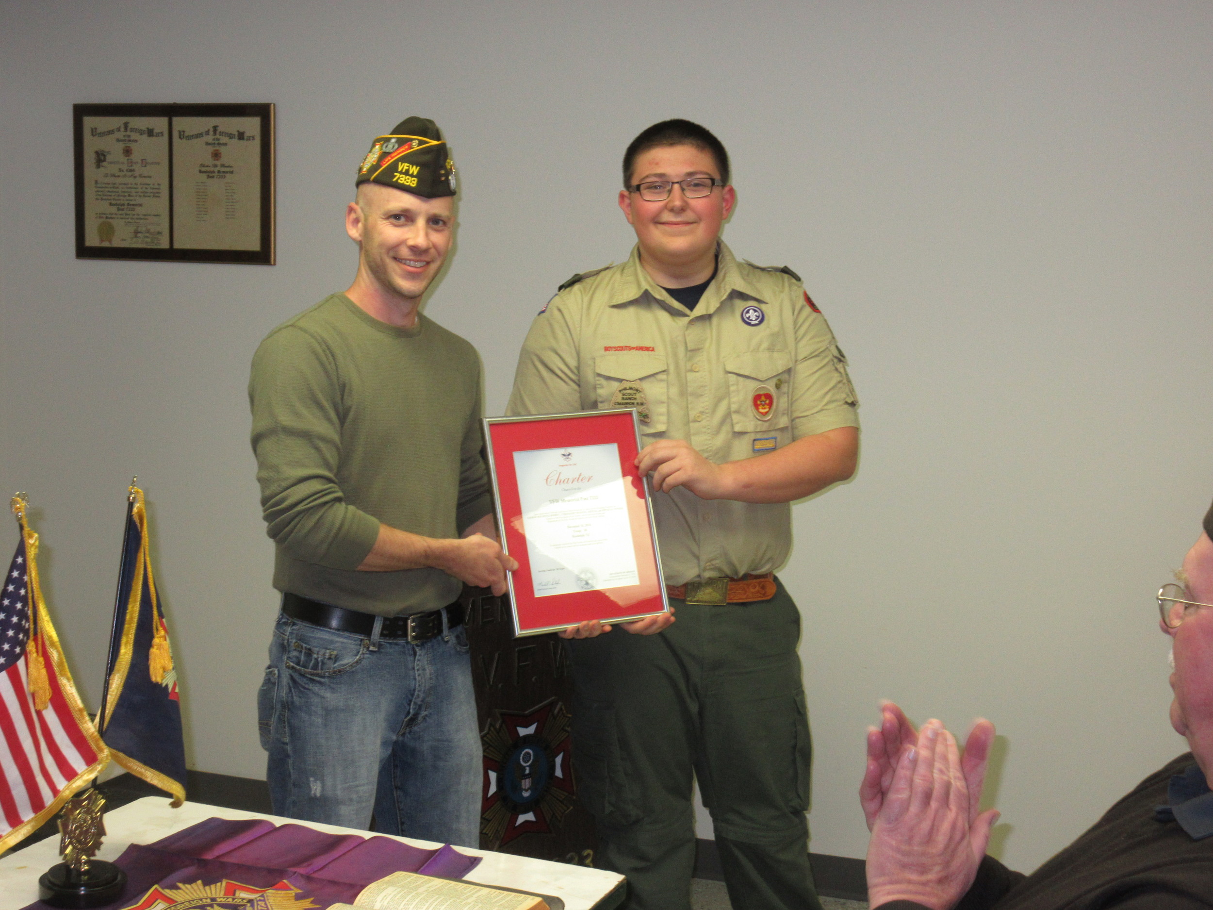 Senior Patrol Leader Joey Celentano presented the 2016 Boy Scout Troop 50 Charter to VFW Post 7333 Commander Scott Montanio on March 15. VFW Post 7333 has sponsored Troop 50 for the past 30 years.